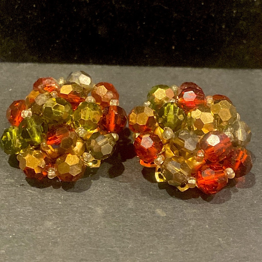Marvella Glass Beaded Clip Earrings. Marvelous Colors. Gold Tone Backs